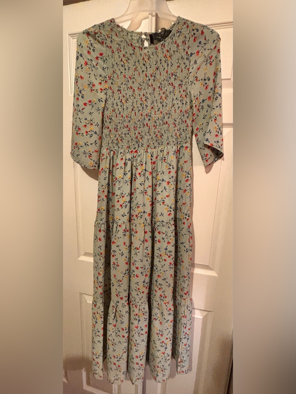 Smocked Floral Maxi Dress in Sage Green